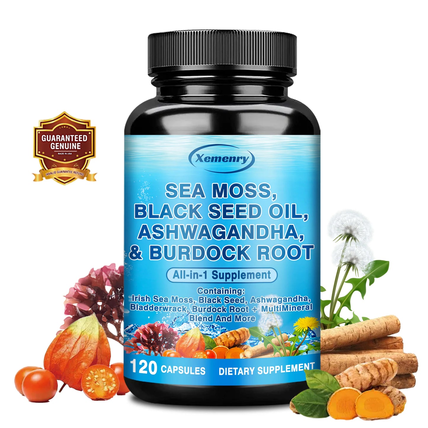 Sea Moss, Black Seed Oil, Ashwagandha & Burdock Root - Provide Energy and Enhance Immunity - 120 Capsules