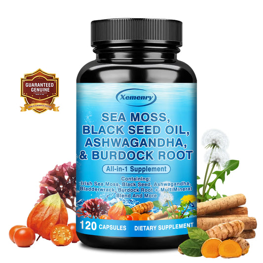Sea Moss, Black Seed Oil, Ashwagandha & Burdock Root - Provide Energy and Enhance Immunity - 120 Capsules