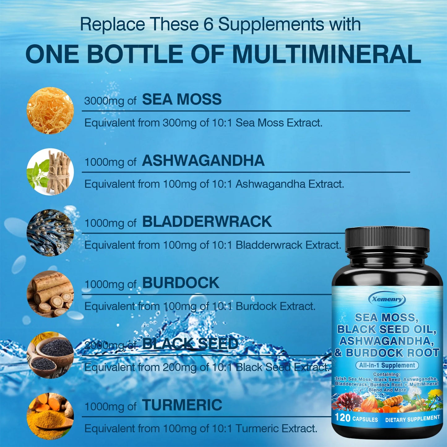 Sea Moss, Black Seed Oil, Ashwagandha & Burdock Root - Provide Energy and Enhance Immunity - 120 Capsules
