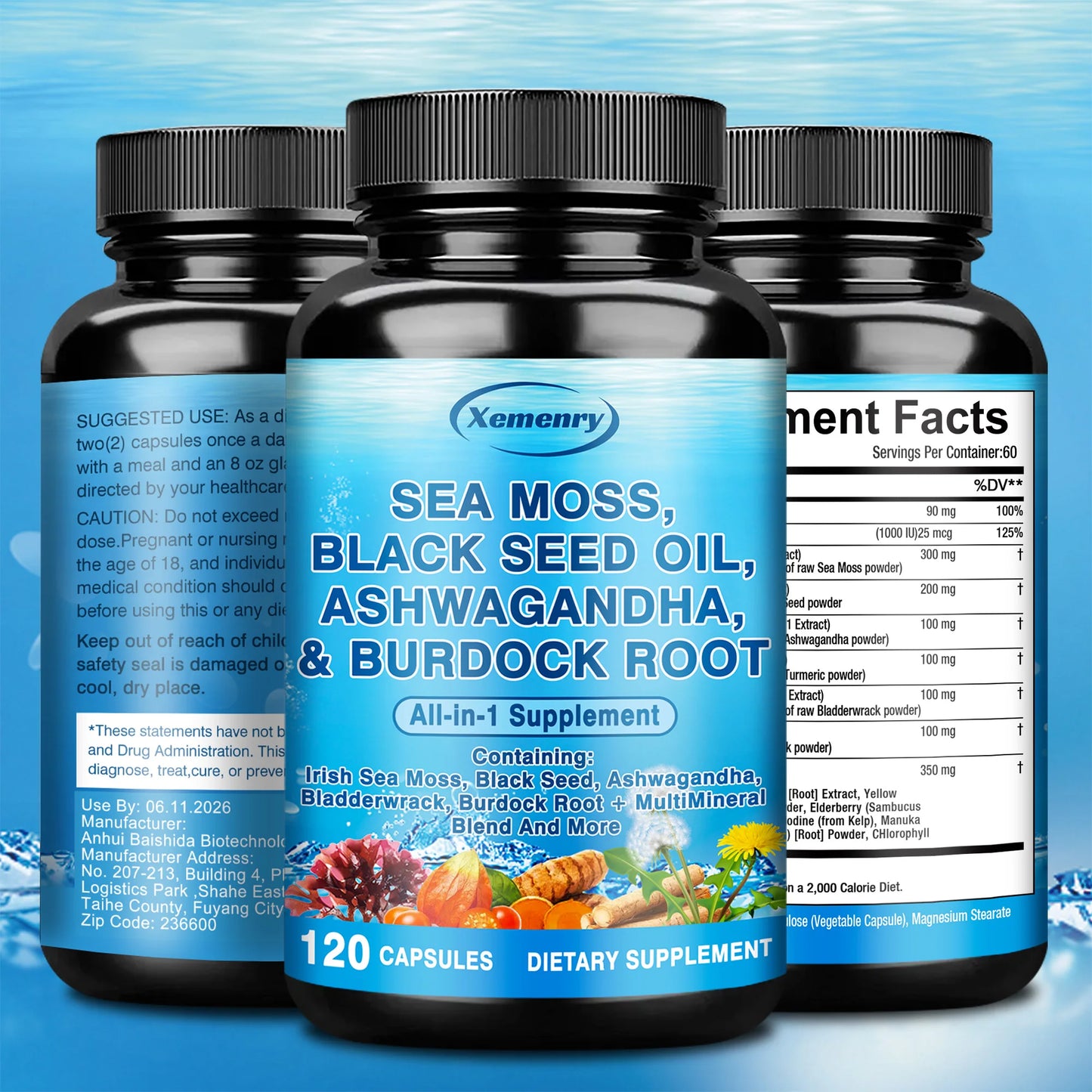 Sea Moss, Black Seed Oil, Ashwagandha & Burdock Root - Provide Energy and Enhance Immunity - 120 Capsules