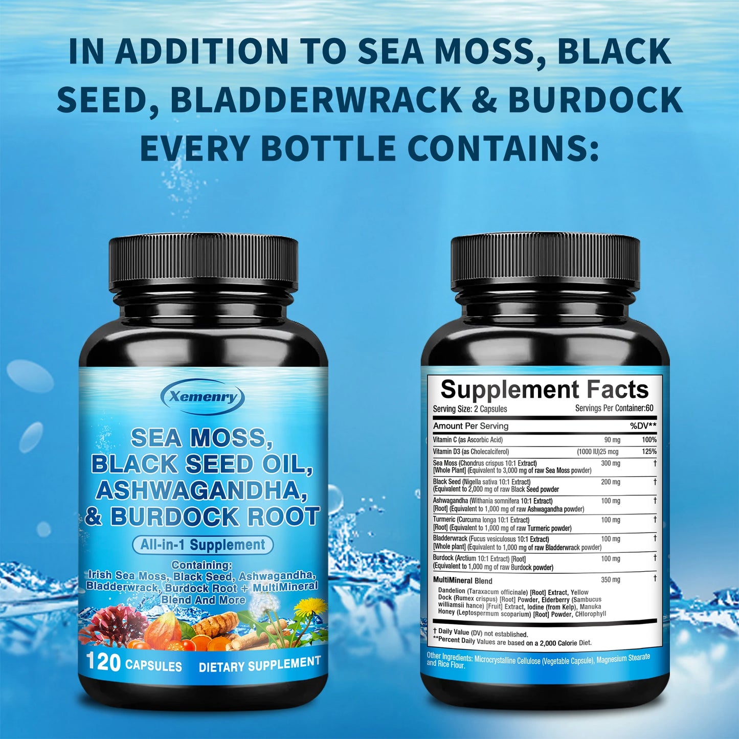 Sea Moss, Black Seed Oil, Ashwagandha & Burdock Root - Provide Energy and Enhance Immunity - 120 Capsules