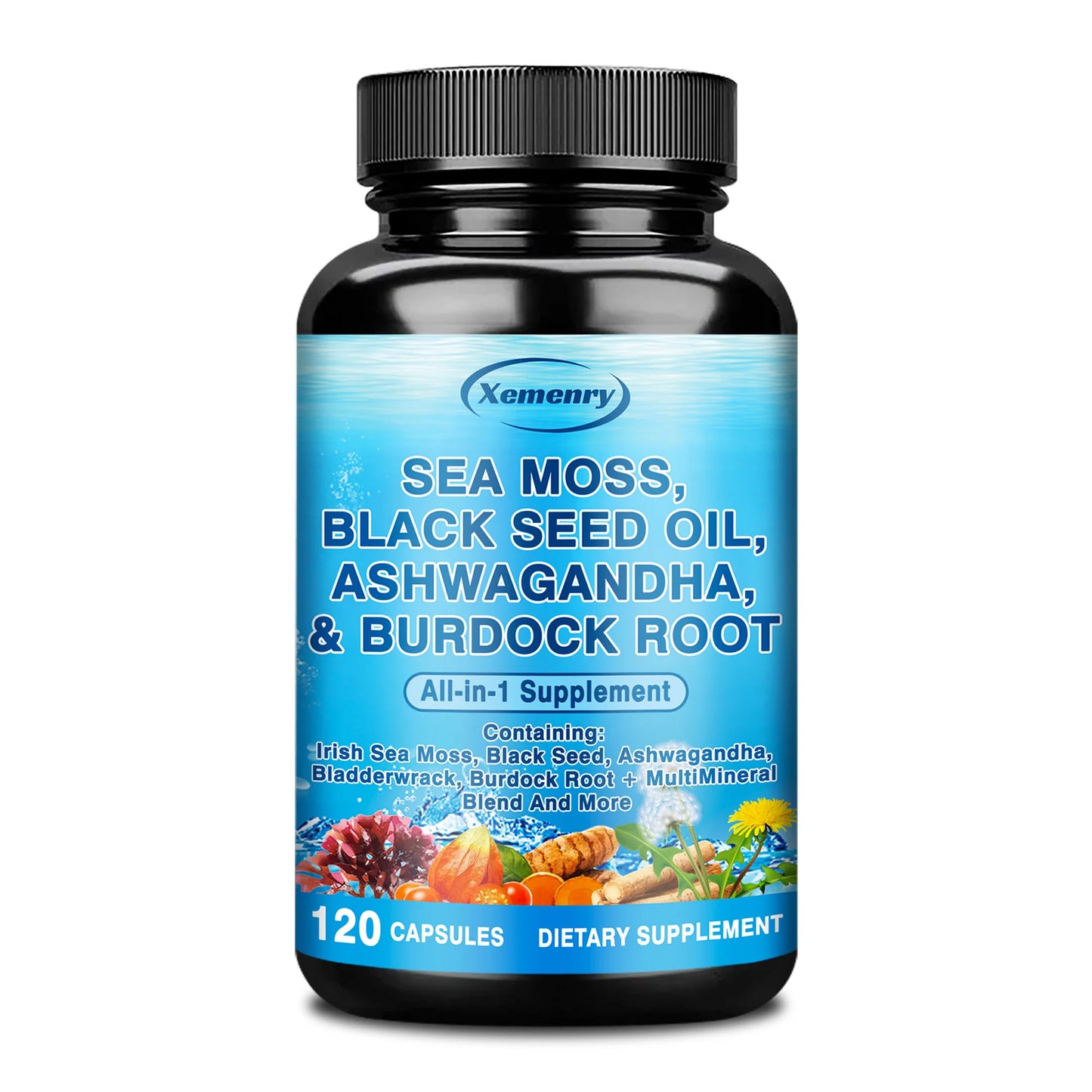 Sea Moss, Black Seed Oil, Ashwagandha & Burdock Root - Provide Energy and Enhance Immunity - 120 Capsules