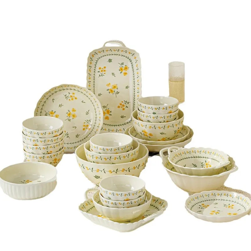 LingAo-Japanese Country Style Ceramic Tableware Set of Plates and Bowls with Underglaze Colors
