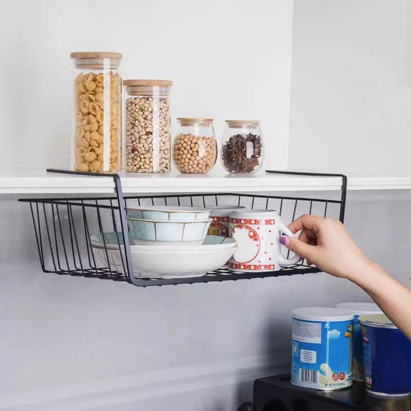 White/Black Hanging Net Basket Iron Large Capacity Under Cabinet Wall Wardrobe Storage Basket Spice Dishes Shelves Kitchen Tools