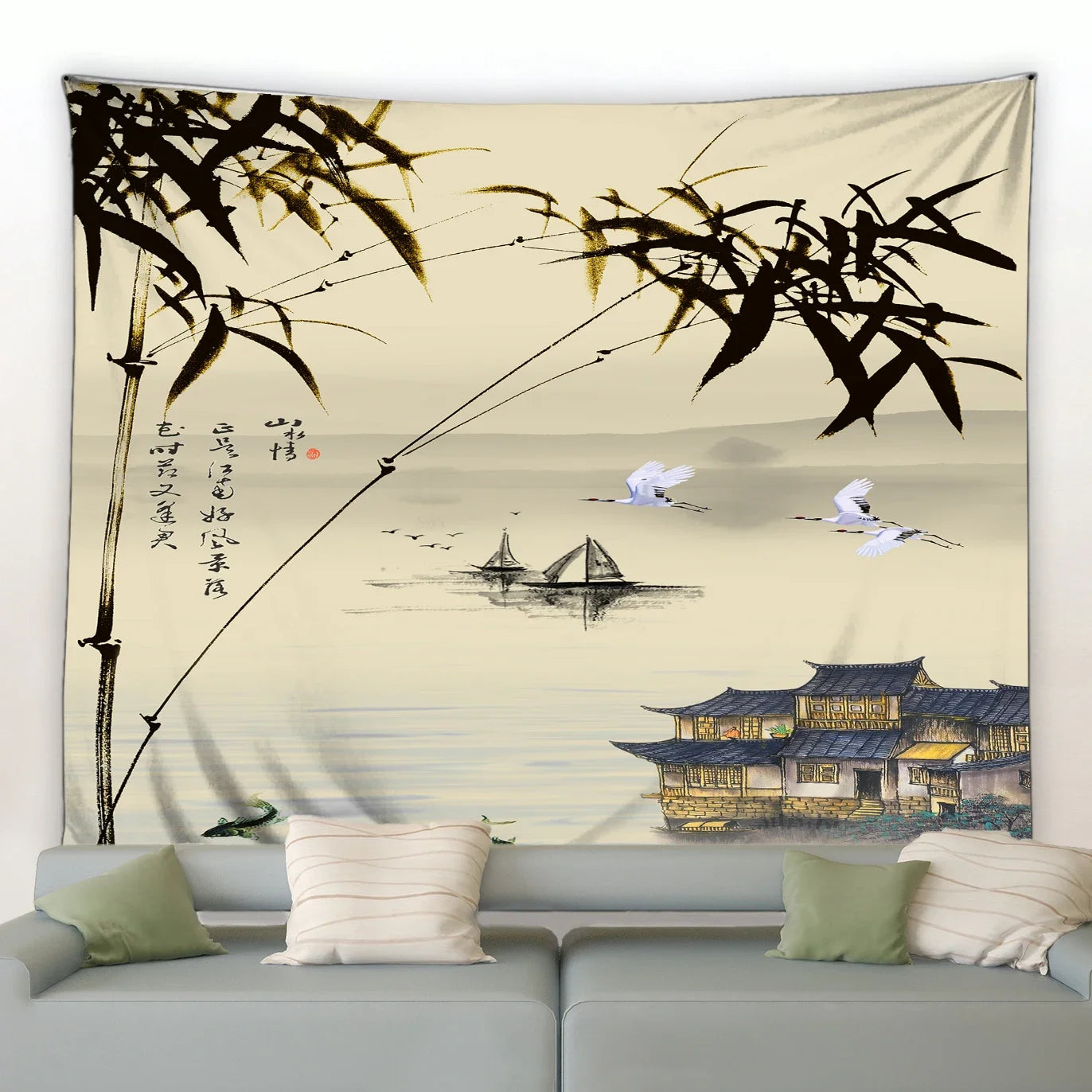 Chinese Ink Landscape Painting Tapestry Wall Hanging Sunrise Room Bedroom Background Decorative Blanket