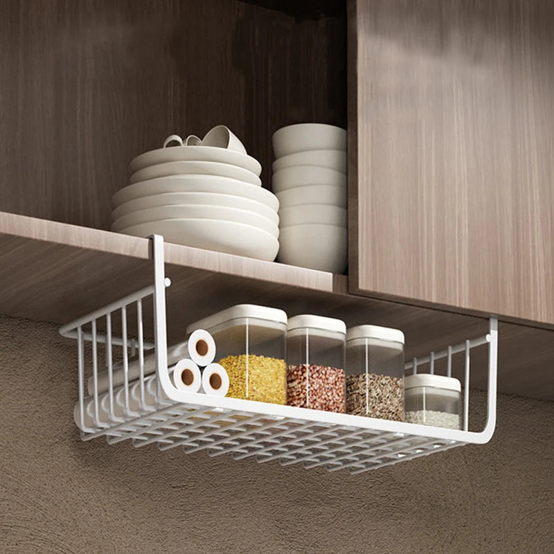 White/Black Hanging Net Basket Iron Large Capacity Under Cabinet Wall Wardrobe Storage Basket Spice Dishes Shelves Kitchen Tools