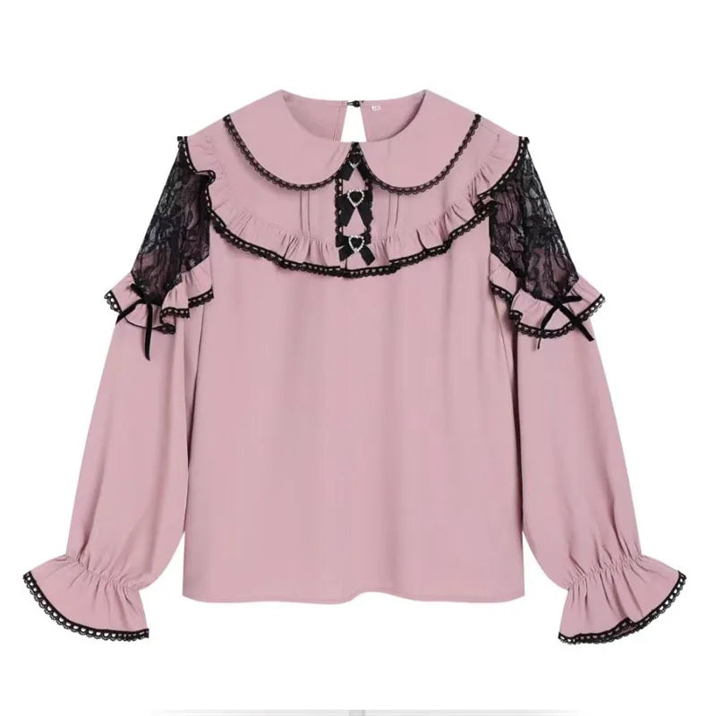 Gothic Lolita Shirt Women Harajuku Bat Lace Collar Black Red Long Short Sleeve Blouse Y2k Aesthetic Elegant Sweet Clothes Tops