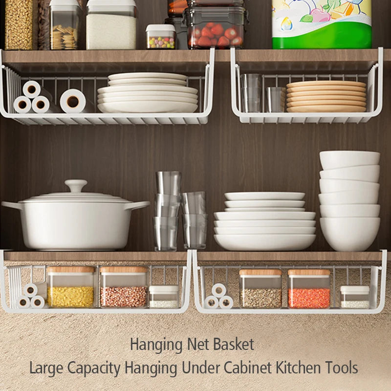 White/Black Hanging Net Basket Iron Large Capacity Under Cabinet Wall Wardrobe Storage Basket Spice Dishes Shelves Kitchen Tools