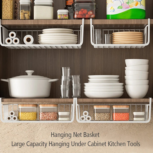 White/Black Hanging Net Basket Iron Large Capacity Under Cabinet Wall Wardrobe Storage Basket Spice Dishes Shelves Kitchen Tools