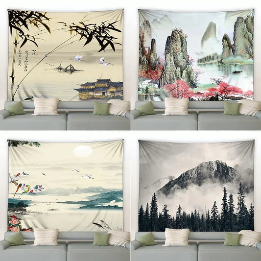 Chinese Ink Landscape Painting Tapestry Wall Hanging Sunrise Room Bedroom Background Decorative Blanket