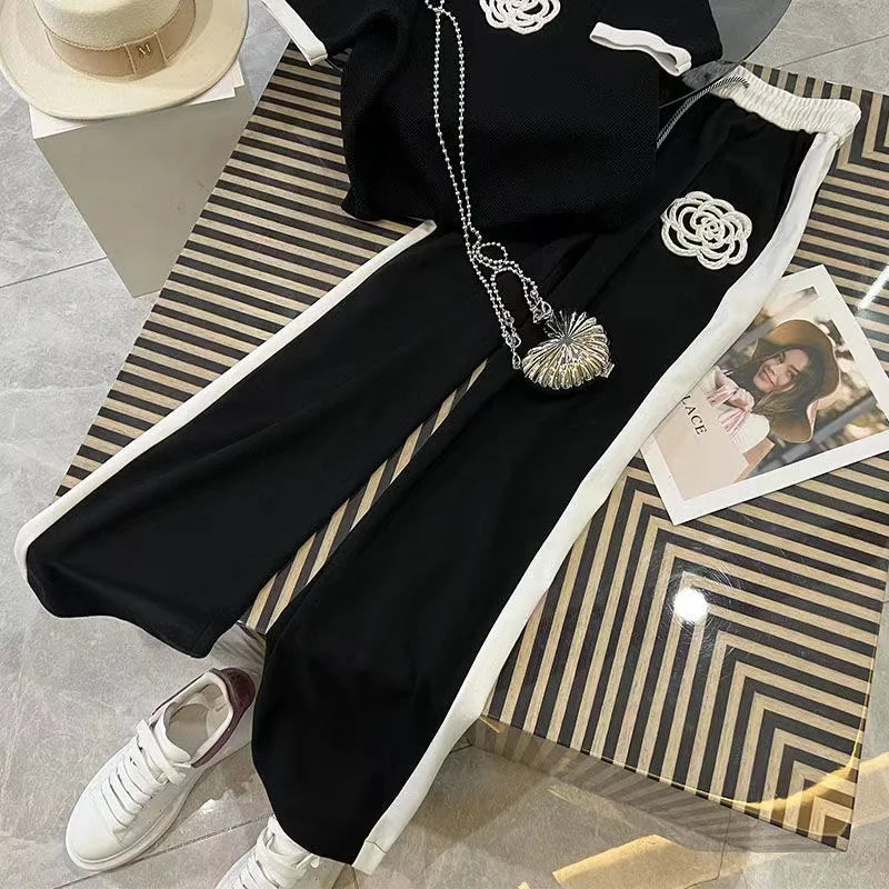 Fashion Two Piece Set Summer Clothes For Women Dresy Damskie Casual Wide Leg Pants Print T Shirt Suits Female clothes big 3XL