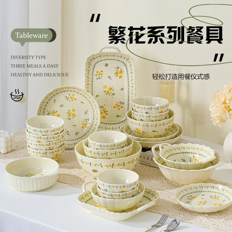 LingAo-Japanese Country Style Ceramic Tableware Set of Plates and Bowls with Underglaze Colors
