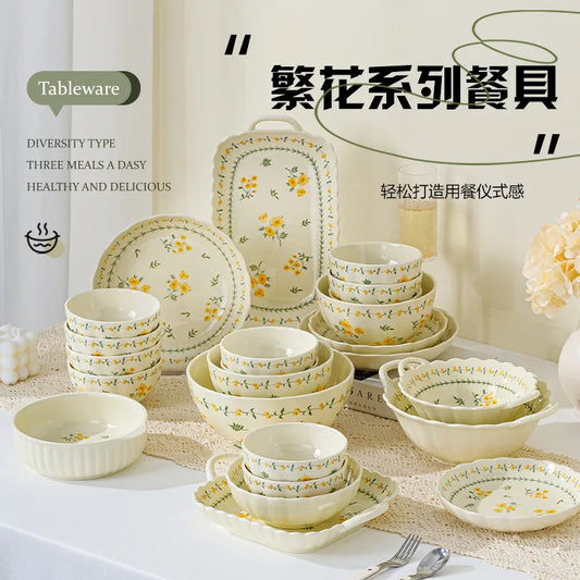 LingAo-Japanese Country Style Ceramic Tableware Set of Plates and Bowls with Underglaze Colors