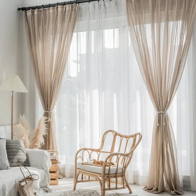Modern Linen Look Curtains Light Filtering Voile Tulle Farmhouse Flax Blend Semi Sheer Window Drapes for Living Room and Bedroom