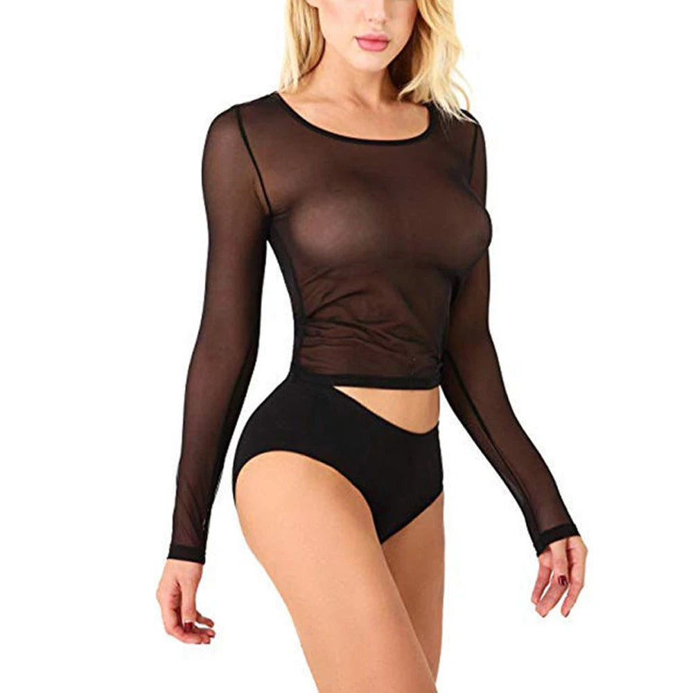 Black White Sexy Mesh Top T Shirts Womens Sexy Transparent S-2XL Size Bottoming Blouses Ladies Tops Gauze Aesthetic Clothes
