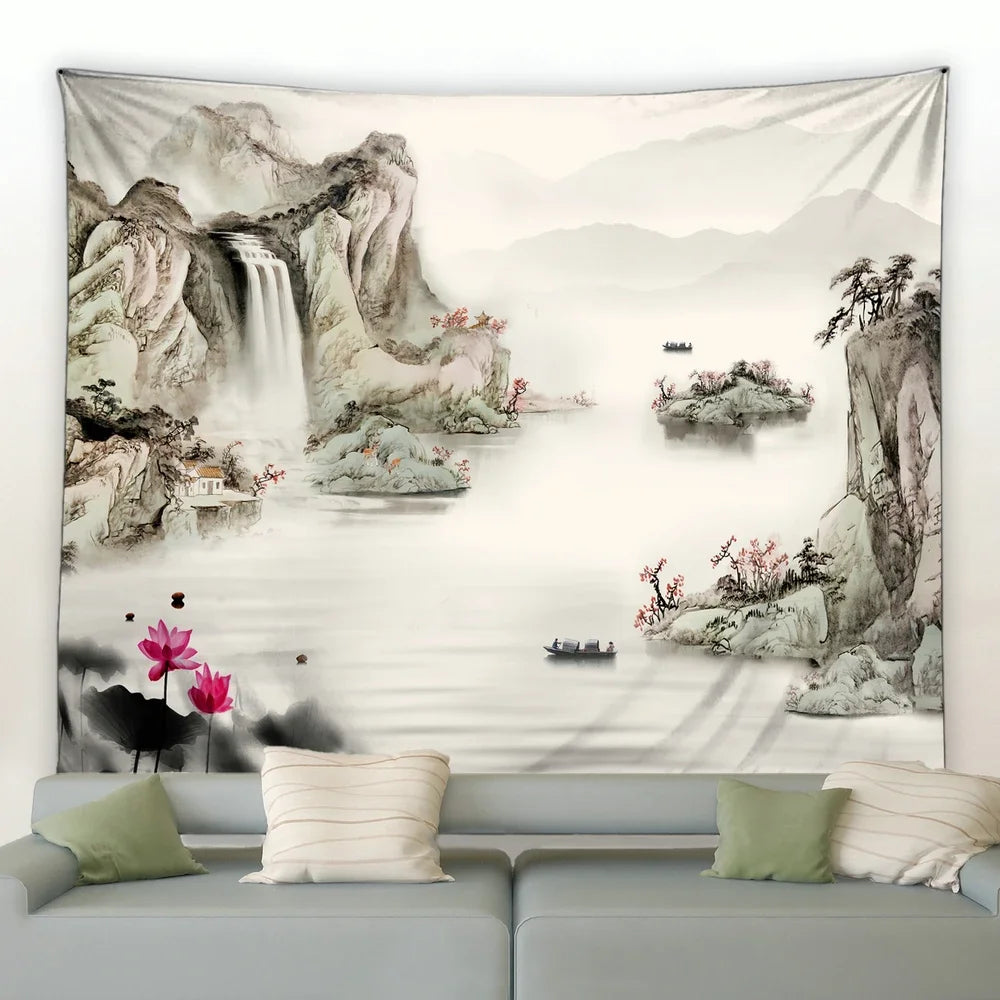 Chinese Ink Landscape Painting Tapestry Wall Hanging Sunrise Room Bedroom Background Decorative Blanket
