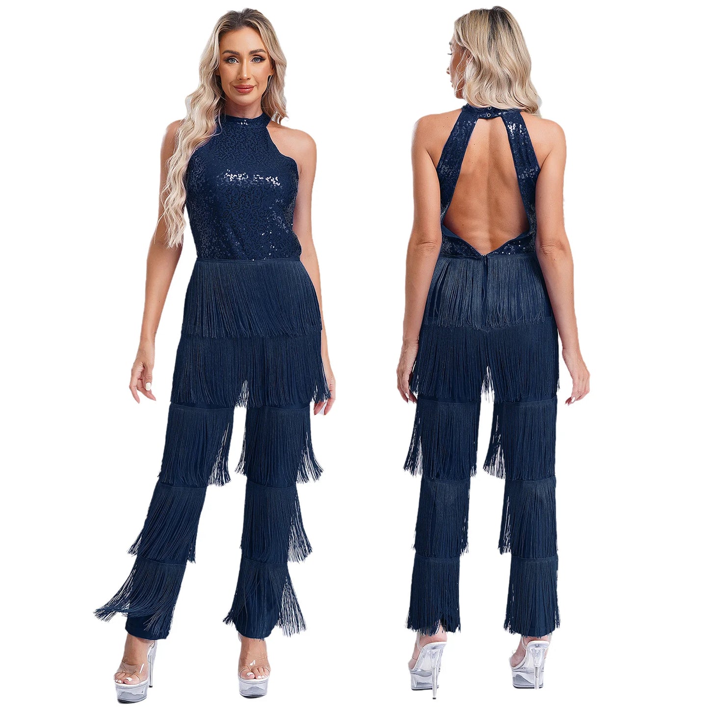 Women Latin Dance Performance Costume New Fringed Trousers Full Bodysuit Jumpsuit Ballroom Tassel Tango Cha-Cha Samba Clothes