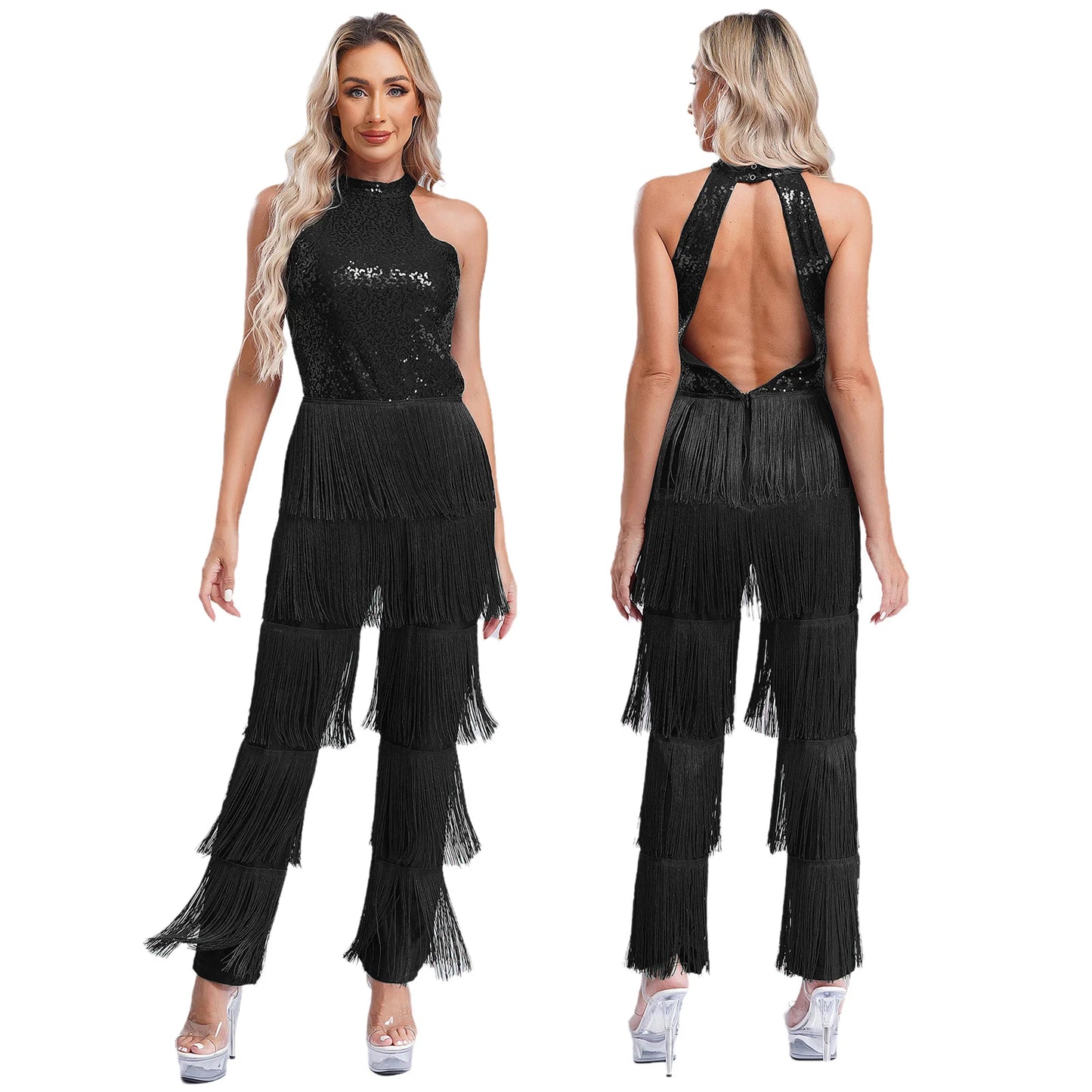 Women Latin Dance Performance Costume New Fringed Trousers Full Bodysuit Jumpsuit Ballroom Tassel Tango Cha-Cha Samba Clothes