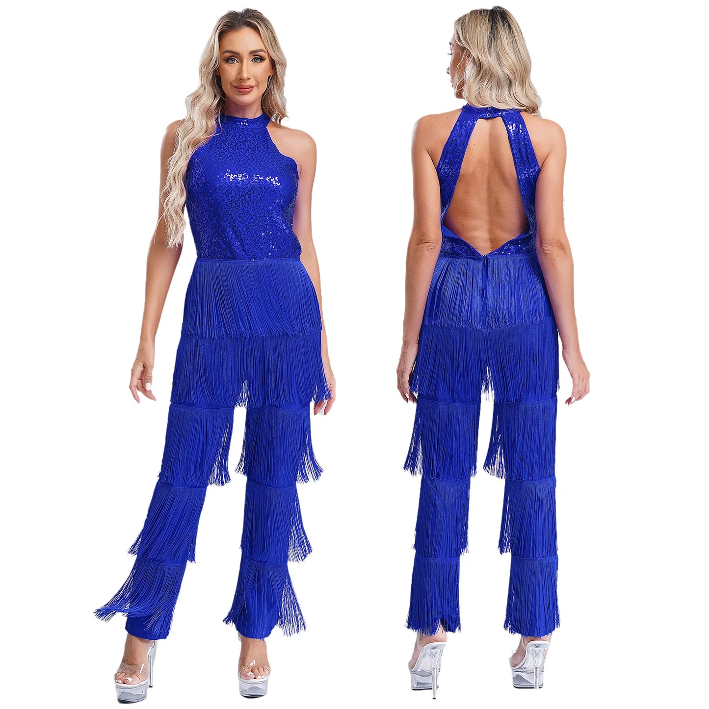 Women Latin Dance Performance Costume New Fringed Trousers Full Bodysuit Jumpsuit Ballroom Tassel Tango Cha-Cha Samba Clothes