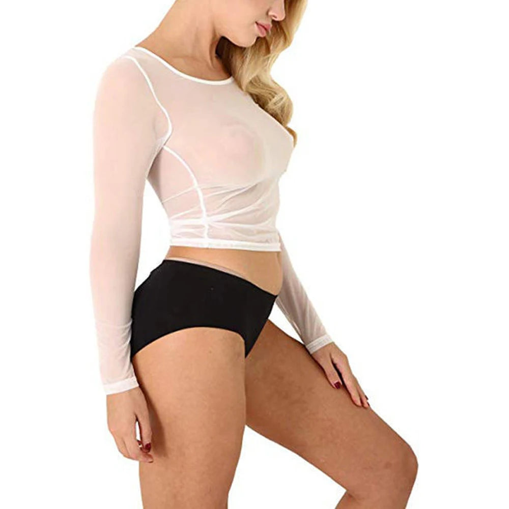 Black White Sexy Mesh Top T Shirts Womens Sexy Transparent S-2XL Size Bottoming Blouses Ladies Tops Gauze Aesthetic Clothes