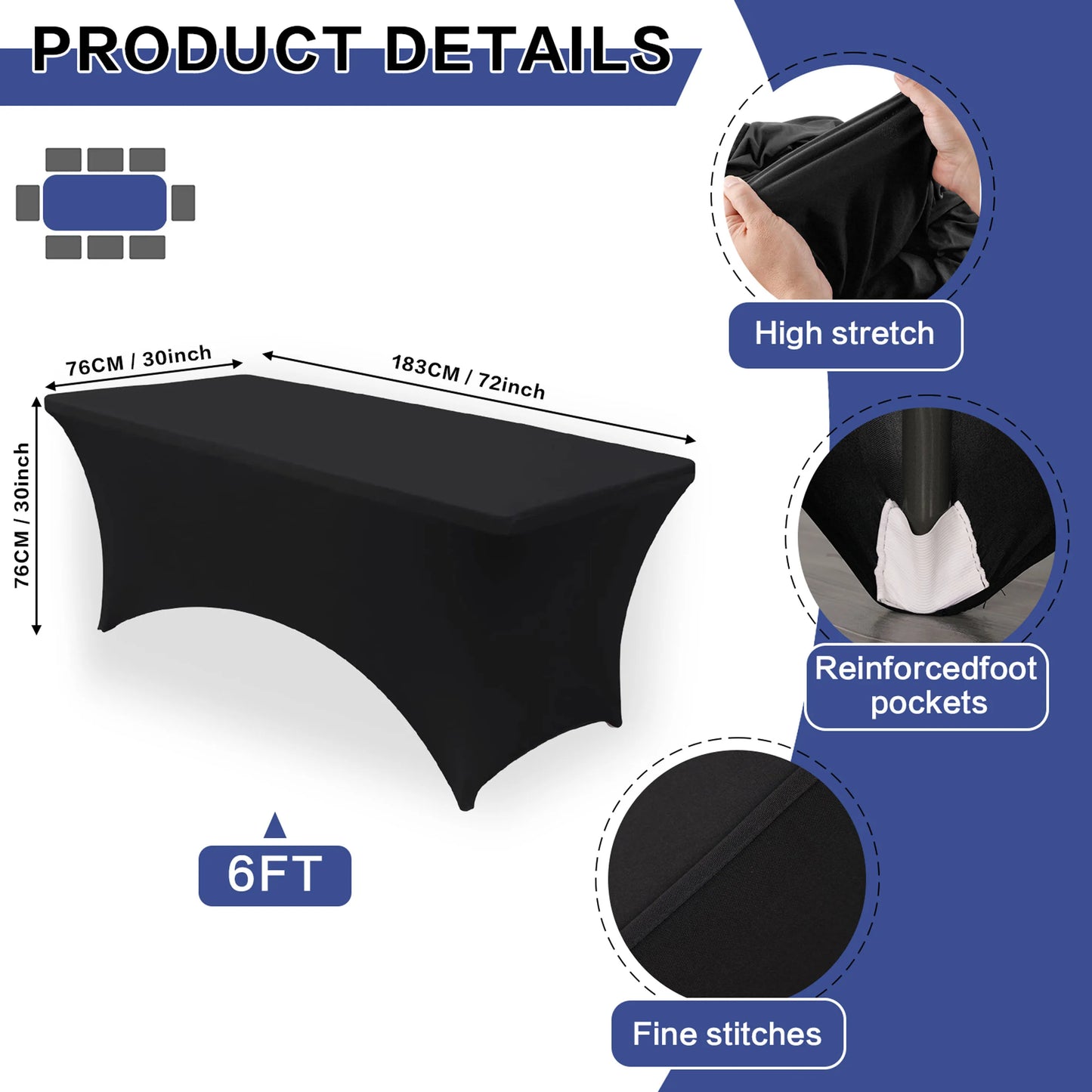 4/6FT White/Black High Stretch Tablecloth Wedding Party Beauty Massage Elastic Hotel Birthday Cover Rectangular Table Cloth