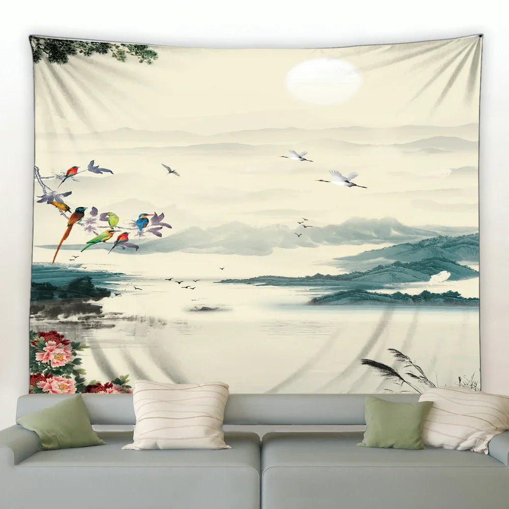 Chinese Ink Landscape Painting Tapestry Wall Hanging Sunrise Room Bedroom Background Decorative Blanket