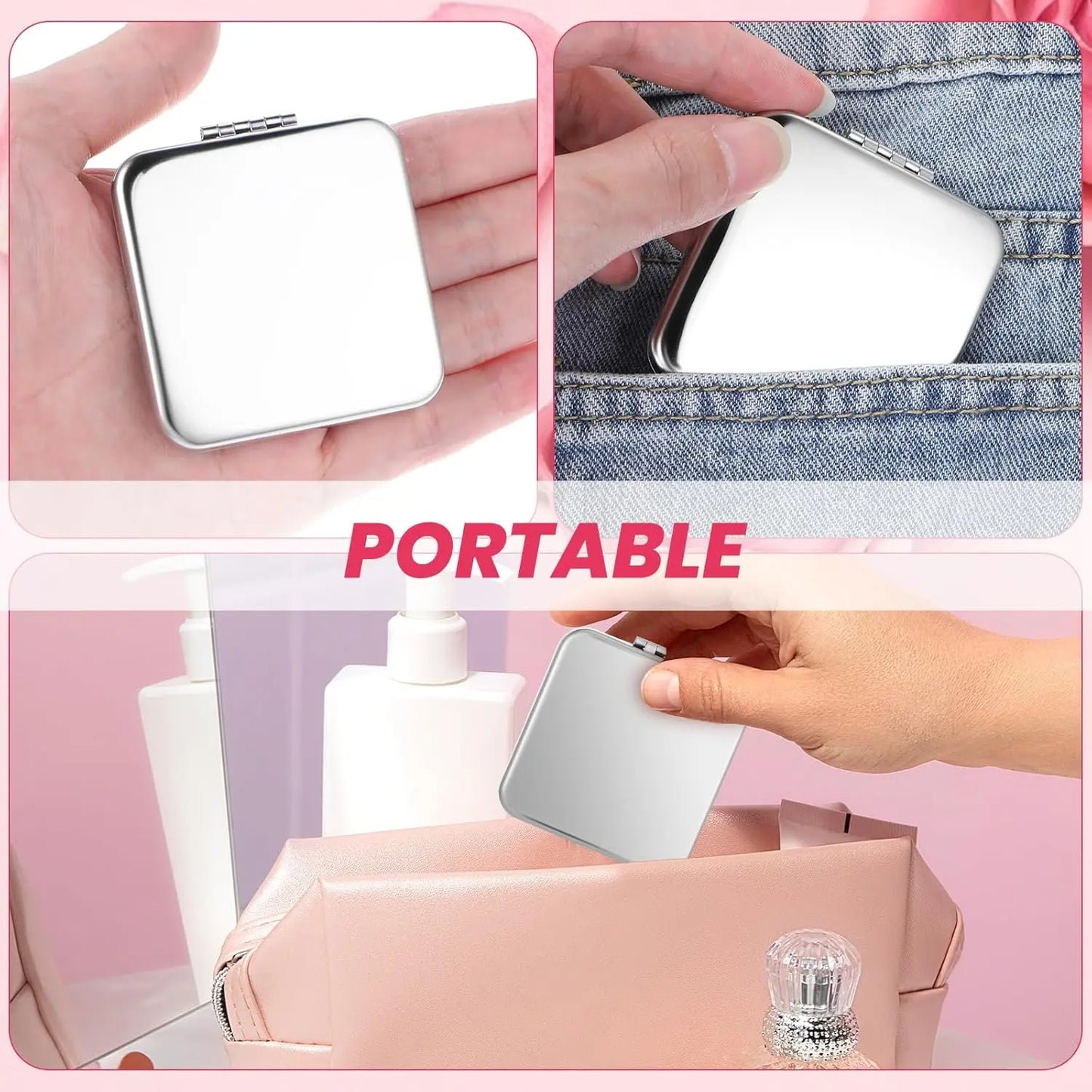 1pc Portable Stainless Steel Makeup Mirror Handheld Pocket Folding Cosmetic Make Up Mirror Double-Sided Elegant for Woman Purse