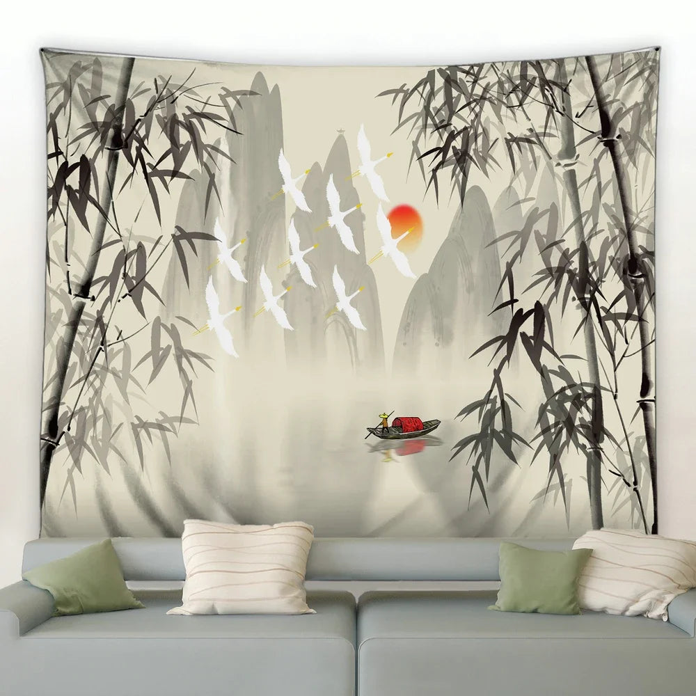 Chinese Ink Landscape Painting Tapestry Wall Hanging Sunrise Room Bedroom Background Decorative Blanket