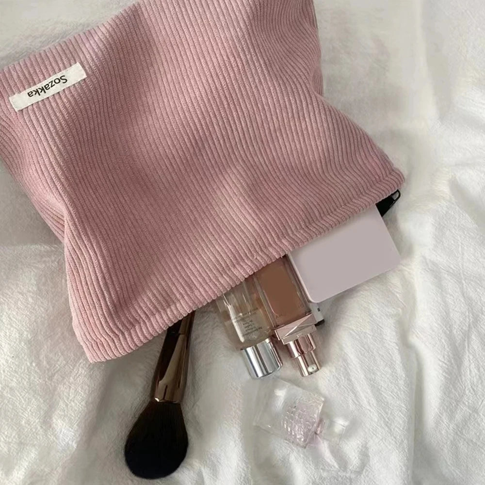 Corduroy Travel Cosmetic Bag Portable Makeup Storage Bag Purses Women Large Capacity Zipper Make Up Organizer Storage Clutch