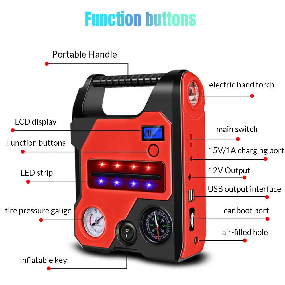 4 In1 Car Jump Starter with Air Compressor Portable Flashlight Starting Device Power Bank Battery Automotive Booster start