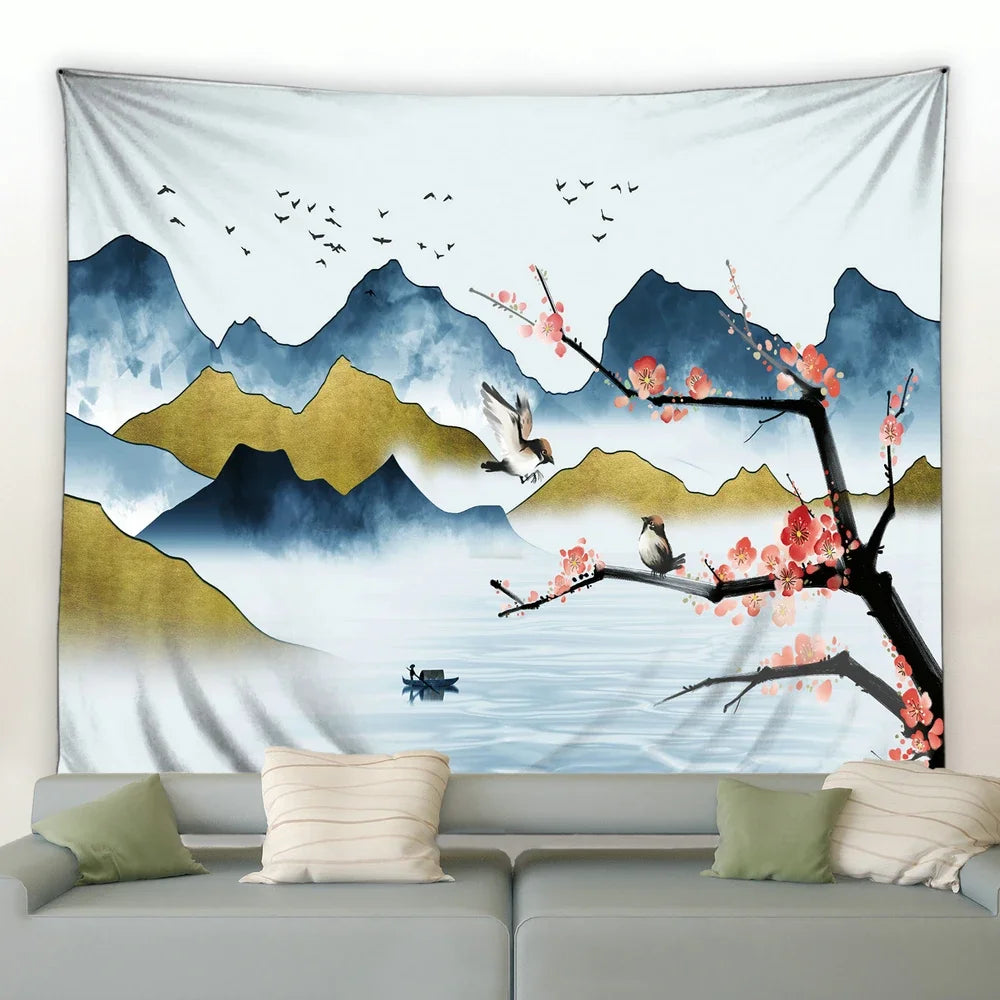 Chinese Ink Landscape Painting Tapestry Wall Hanging Sunrise Room Bedroom Background Decorative Blanket