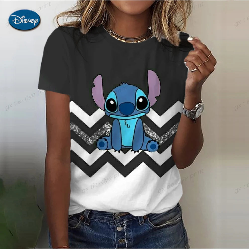 Kawaii Cartoon Happy Stitch Heart Kiss Women Tops 2024 Summer Plus Size S-3XL T-shirts 3D Shirt Hippie Tee Woman Clothes