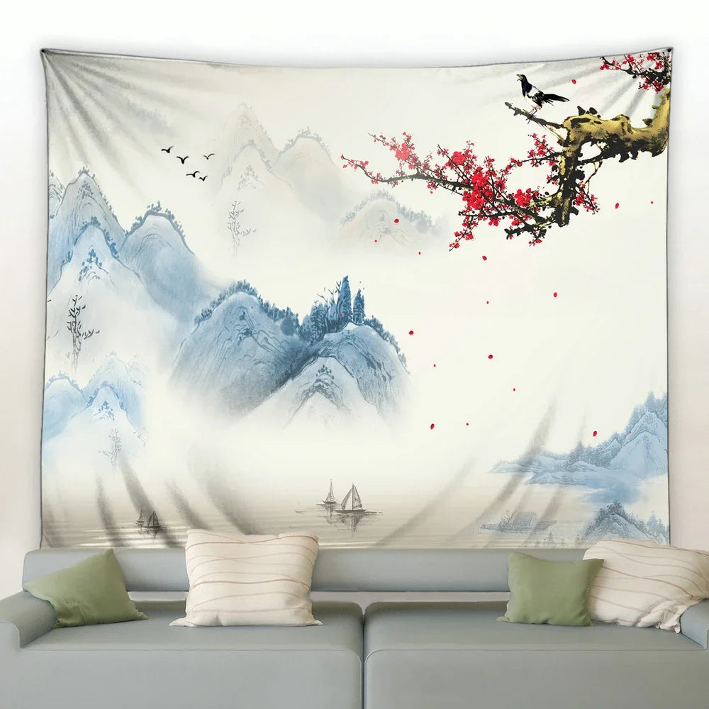 Chinese Ink Landscape Painting Tapestry Wall Hanging Sunrise Room Bedroom Background Decorative Blanket