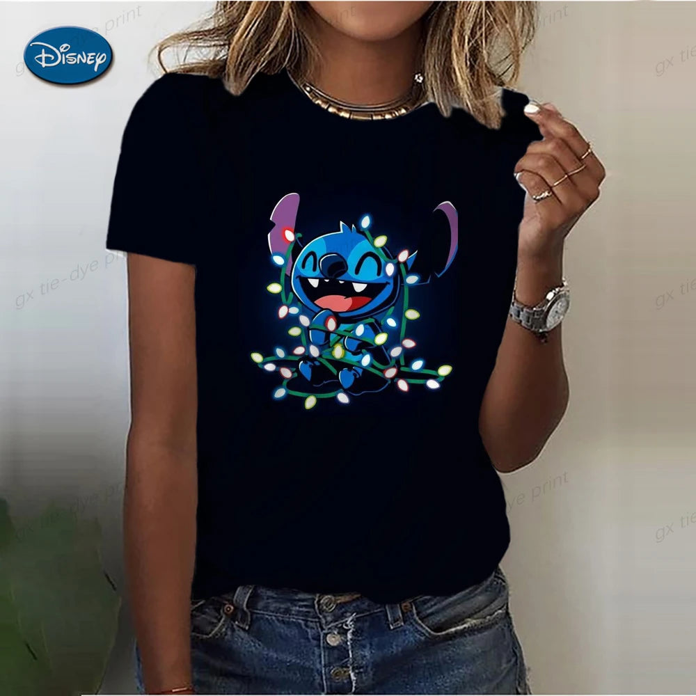 Kawaii Cartoon Happy Stitch Heart Kiss Women Tops 2024 Summer Plus Size S-3XL T-shirts 3D Shirt Hippie Tee Woman Clothes