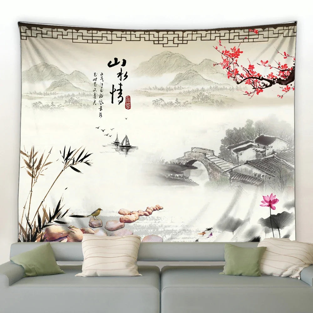 Chinese Ink Landscape Painting Tapestry Wall Hanging Sunrise Room Bedroom Background Decorative Blanket