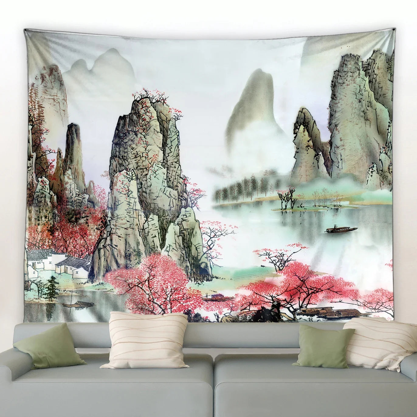 Chinese Ink Landscape Painting Tapestry Wall Hanging Sunrise Room Bedroom Background Decorative Blanket