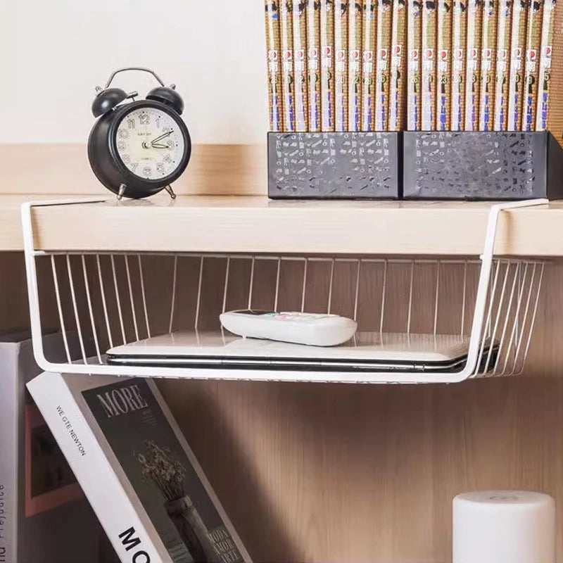 White/Black Hanging Net Basket Iron Large Capacity Under Cabinet Wall Wardrobe Storage Basket Spice Dishes Shelves Kitchen Tools