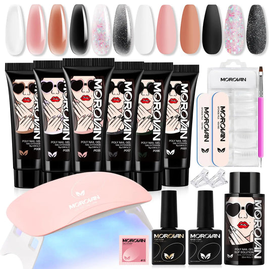 Morovan Poly Gel Nail Enhancement Kit Starter Kit: 6-color Poly nail gel kit with U V light, suitable for beginner nail salon