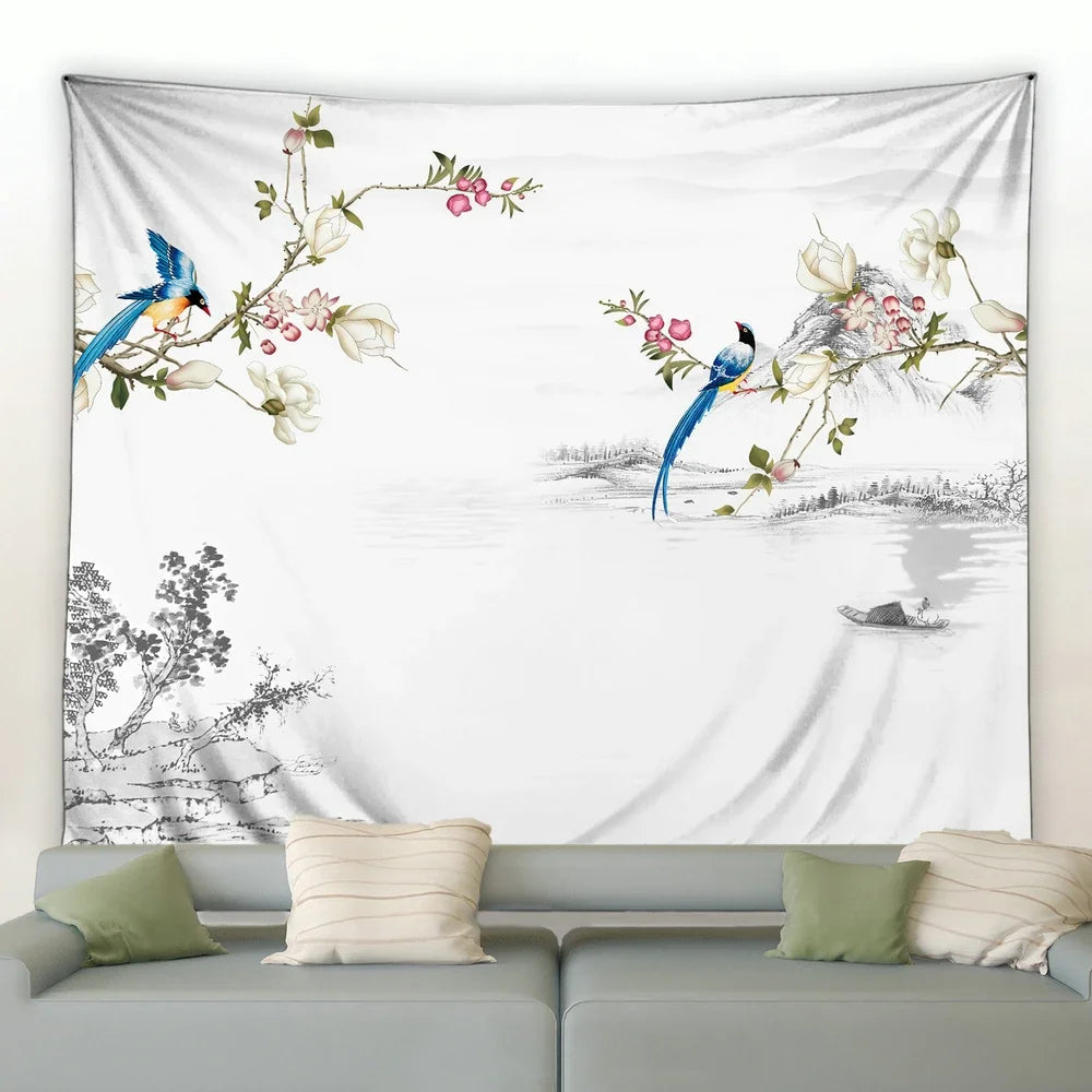 Chinese Ink Landscape Painting Tapestry Wall Hanging Sunrise Room Bedroom Background Decorative Blanket