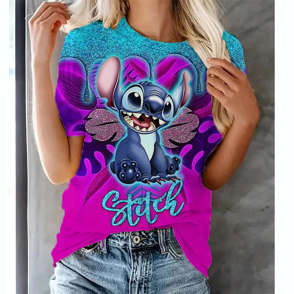 Kawaii Cartoon Happy Stitch Heart Kiss Women Tops 2024 Summer Plus Size S-3XL T-shirts 3D Shirt Hippie Tee Woman Clothes