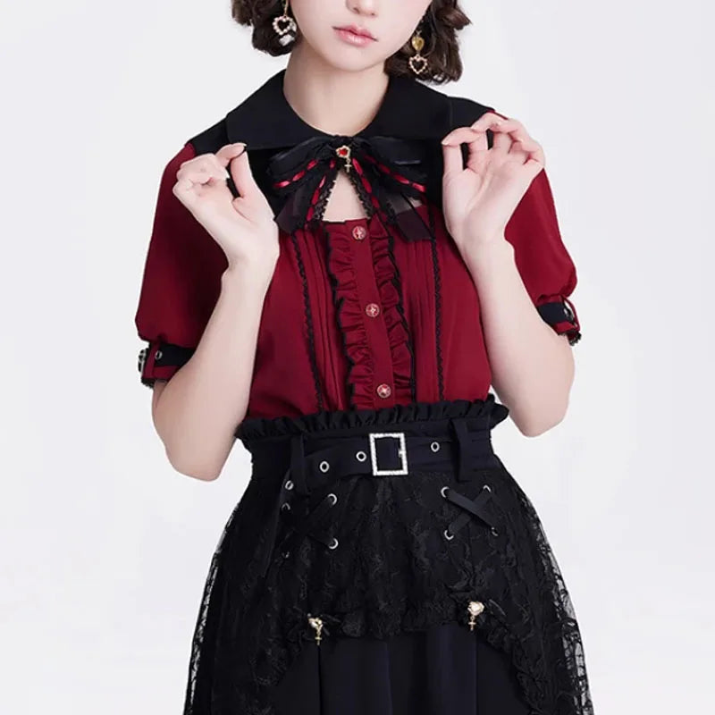 Gothic Lolita Shirt Women Harajuku Bat Lace Collar Black Red Long Short Sleeve Blouse Y2k Aesthetic Elegant Sweet Clothes Tops