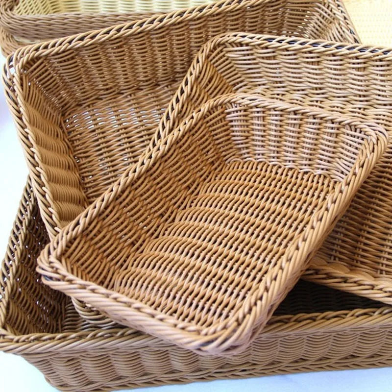 Hand-woven Imitation Rattan Wicker Basket Rectangular Storage Box Fruit Tea Snack Bread Basket Cosmetic House Kitchen Supplies