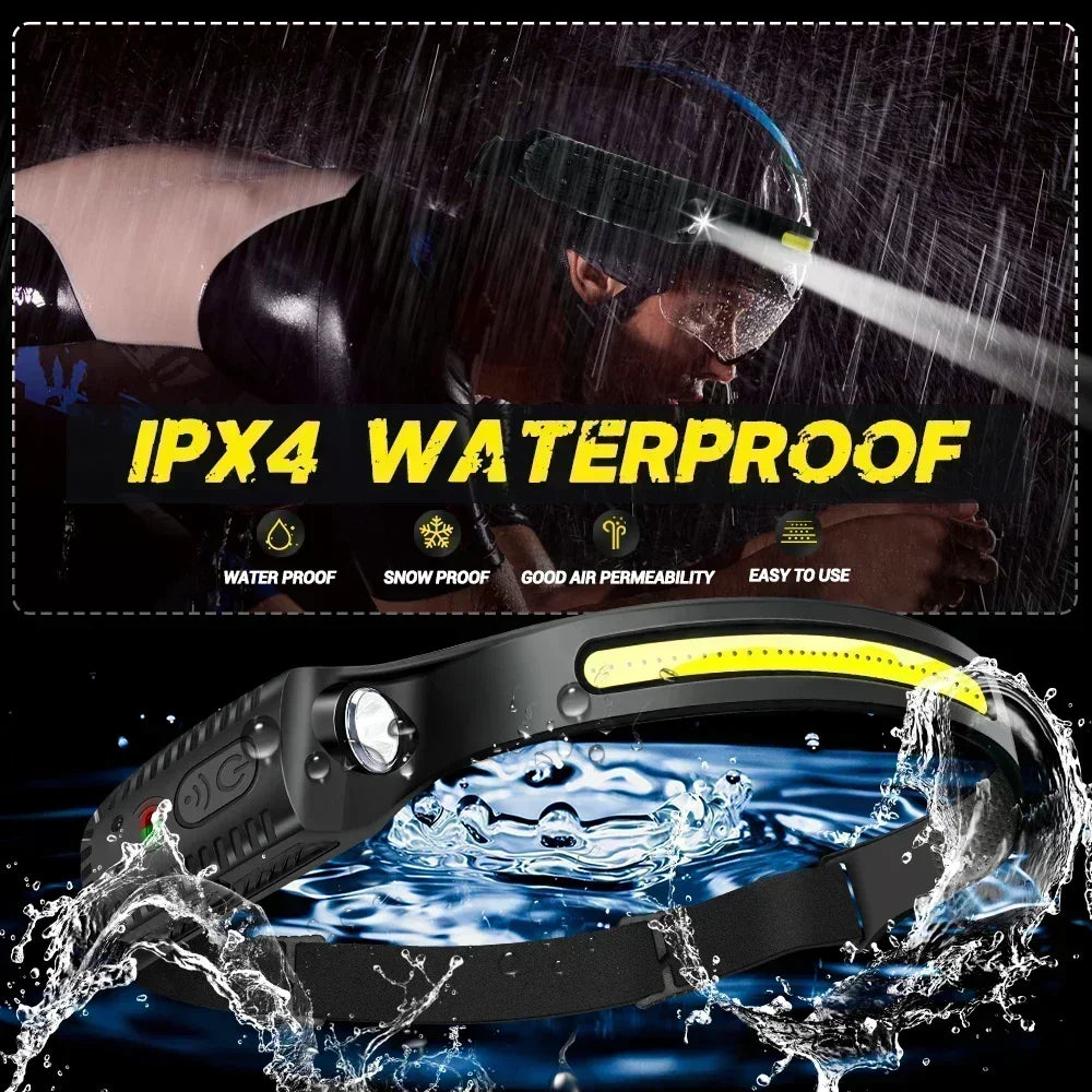 Powerful Induction COB LED Headlamp Built-in Battery USB Rechargeable Head Torch Outdoor Waterproof Camping Fishing Headlight