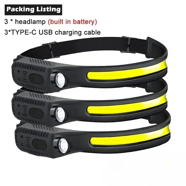 Powerful Induction COB LED Headlamp Built-in Battery USB Rechargeable Head Torch Outdoor Waterproof Camping Fishing Headlight