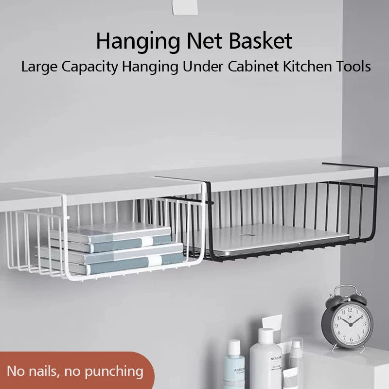 White/Black Hanging Net Basket Iron Large Capacity Under Cabinet Wall Wardrobe Storage Basket Spice Dishes Shelves Kitchen Tools