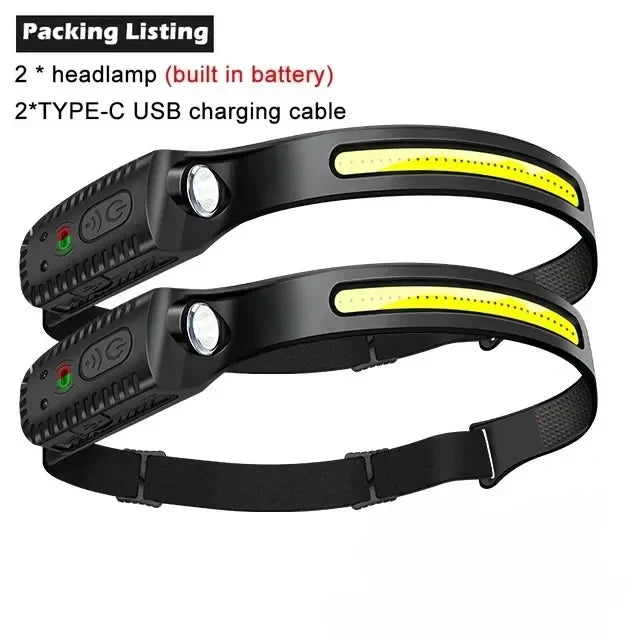 Powerful Induction COB LED Headlamp Built-in Battery USB Rechargeable Head Torch Outdoor Waterproof Camping Fishing Headlight
