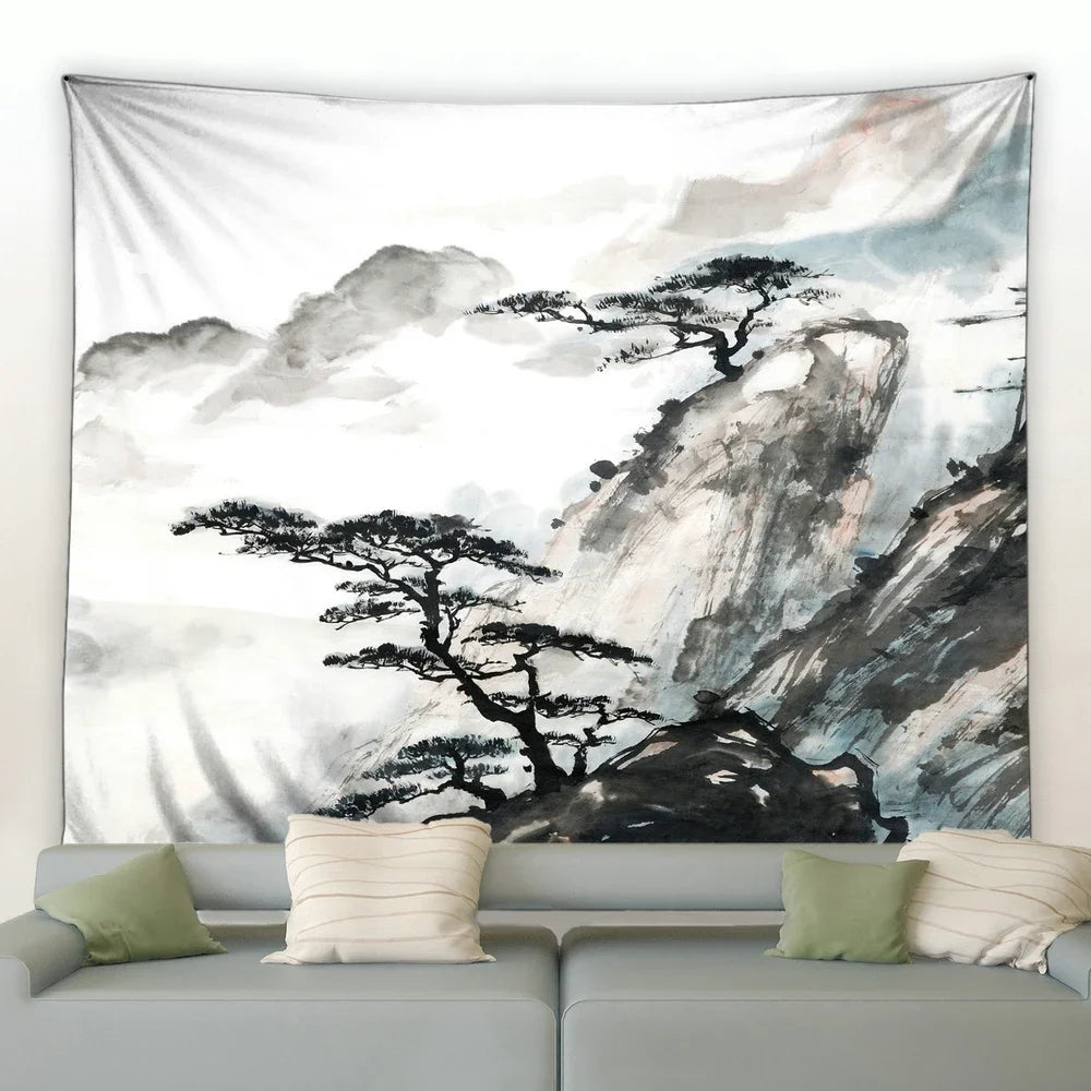 Chinese Ink Landscape Painting Tapestry Wall Hanging Sunrise Room Bedroom Background Decorative Blanket