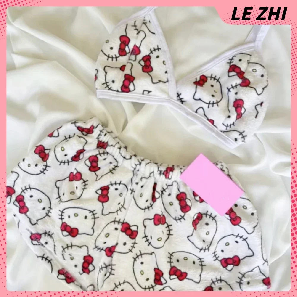 Summer Day Kawaii Hello Kitty 2Pcs Pajama Set Spice Girl Casual Home Shorts Full Print Beach Holiday Set Women Swimming Clothes