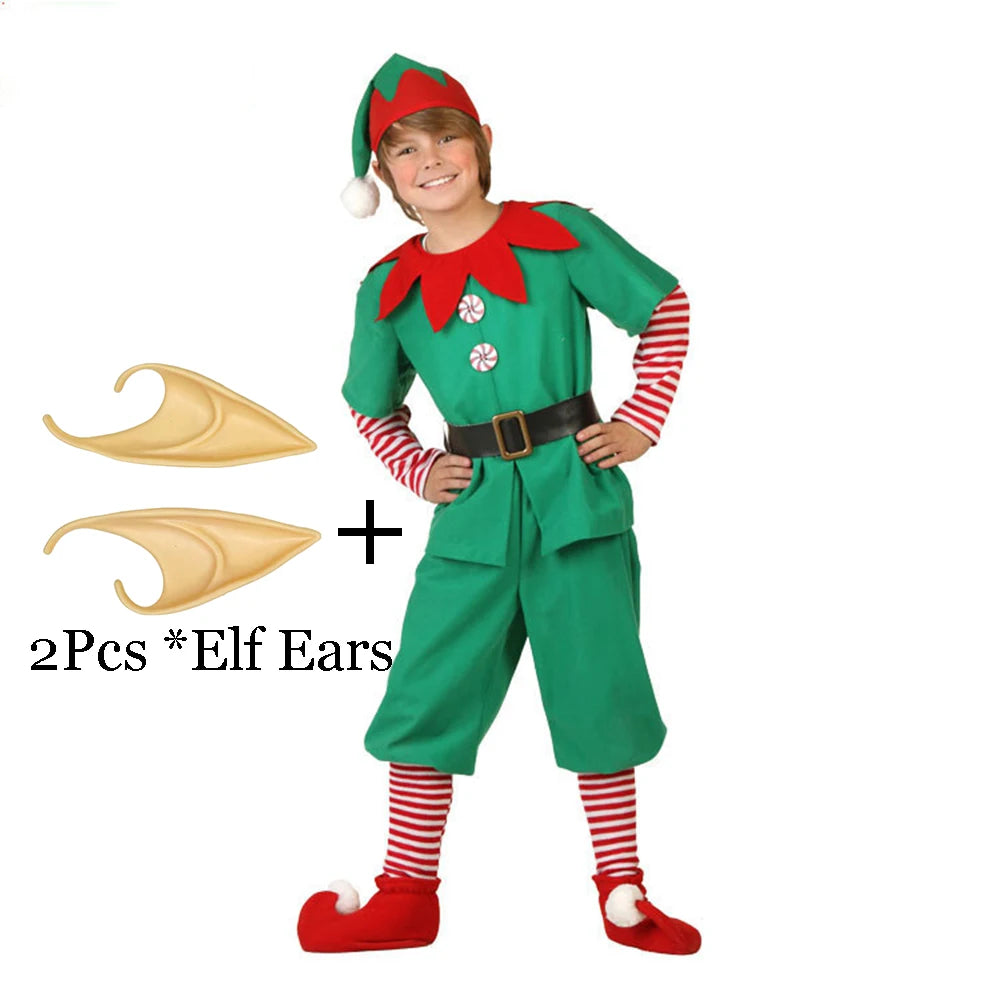 Christmas Santa Claus Costume Green Elf Cosplay Family Carnival Party New Year Fancy Dress Clothes Set For Men Women Girls Boys
