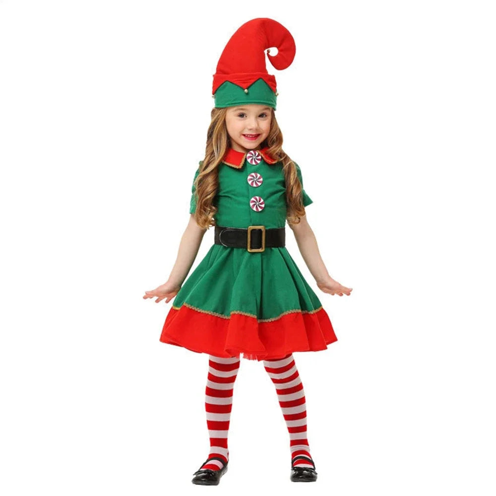 Christmas Santa Claus Costume Green Elf Cosplay Family Carnival Party New Year Fancy Dress Clothes Set For Men Women Girls Boys